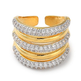 Rack Plating Brass Open Cuff Rings, Cubic Zirconia Wide Ring, Long-Lasting Plated, Lead Free & Cadmium Free