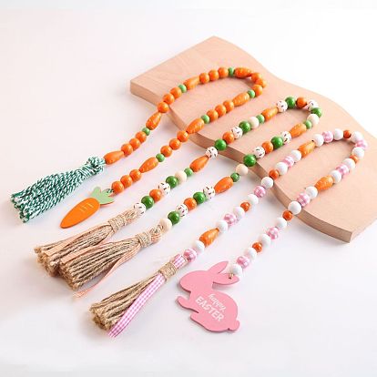 Wood Beaded Garland Hanging Ornament, with Tassels for Easter Decorations