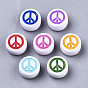 Opaque Acrylic Beads, with Enamel, Flat Round with Peace Sign