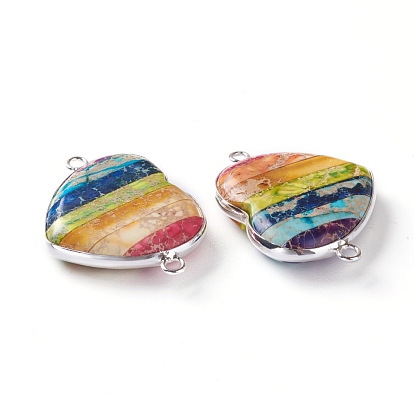 Rainbow Natural Regalite/Imperial Jasper/Sea Sediment Jasper Links Connectors, with Brass Settings, Dyed, Heart