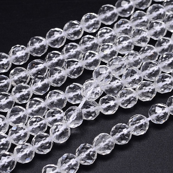 Faceted(64 Facets) Round Grade A Natural Quartz Crystal Beads Strands