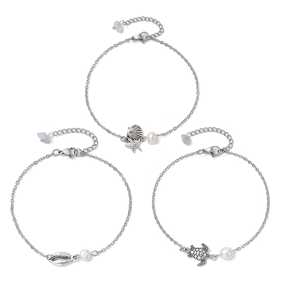 3Pcs 3 Style Turtle & Shell & Starfish Alloy Link Anklets Set with 304 Stainless Steel Cable Chains, Natural Aquamarine Chips Stackable Anklets