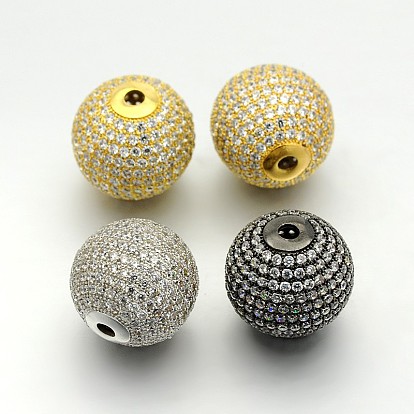 Brass Micro Pave Cubic Zirconia Round Beads, Cadmium Free & Lead Free, 18mm, Hole: 3mm