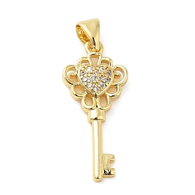 Rack Plating Brass Micro Pave Clear Cubic Zirconia Pendants, Long-Lasting Plated, Cadmium Free & Lead Free, Key Charm