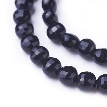 Natural Black Onyx Beads Strands, Dyed, Faceted, Flat Round
