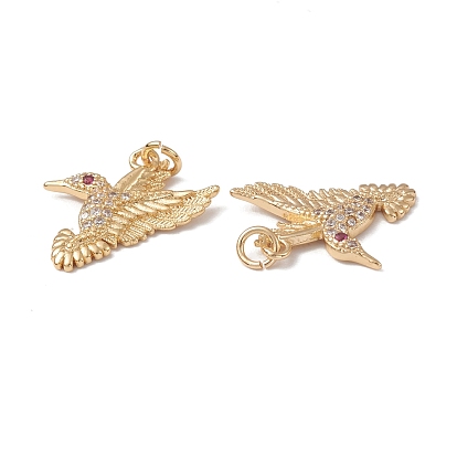 Rack Plating Brass Micro Pave Cubic Zirconia Pendants, Hummingbird Charms, Cadmium Free & Lead Free, with Jump Ring