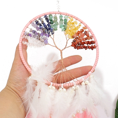 Natural & Synthetic Gemstone Tree of Life Hanging Ornaments, Woven Web/Net with Feather Pendant Decorations