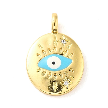Real 18K Gold Plated Brass Clear Cubic Zirconia Pendants, with Enamel, Flat Round with Evil Eye