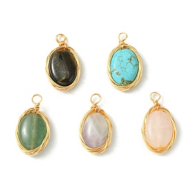 5Pcs 5 Styles Natural Mixed Stone Copper Wire Wrapped Pendants, Oval Charms, Light Gold, Mixed Dyed and Undyed