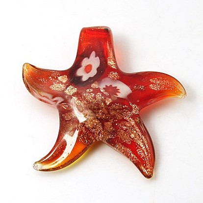 Handmade Lampwork Pendants, with Gold Sand and Millefiori, Starfish/Sea Stars, 53x51x11mm, Hole: 6.5x5mm