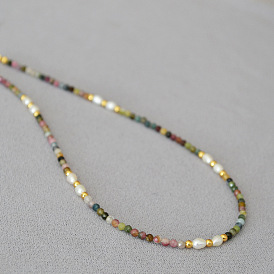 French Vintage Artistic Colorful Beryl Gemstone Pearl Choker Necklace - Retro, Delicate