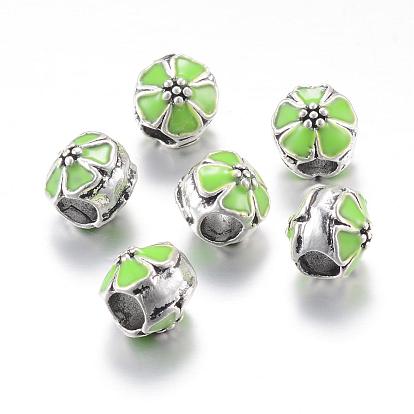 Alloy Enamel European Beads, Large Hole Beads, Rondelle with Flower, Antique Silver