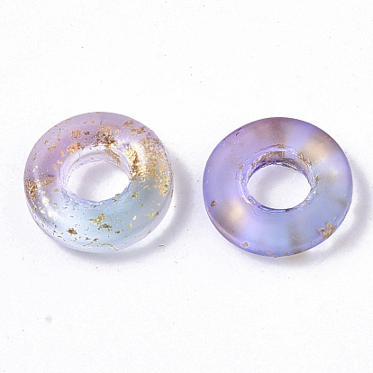 Perles européennes en verre transparent peint par pulvérisation, Perles avec un grand trou   , avec une feuille d'or, donut