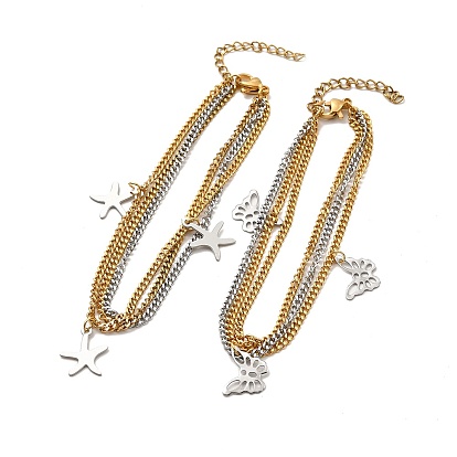 Dos tonos 304 cadenas de eslabones de acero inoxidable pulsera de varias hebras de triple capa con amuletos para mujer, acero color oro y acero