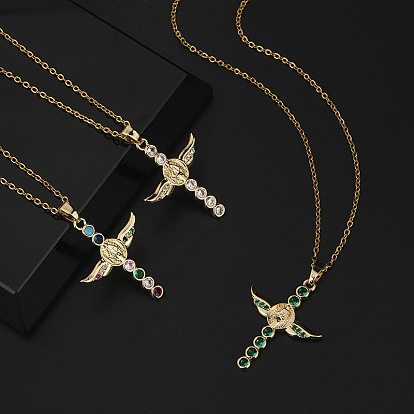 Mary and Jesus Necklace with Angel Wings Pendant, Cubic Zirconia Inlaid Gold Plated Collarbone Chain for Women