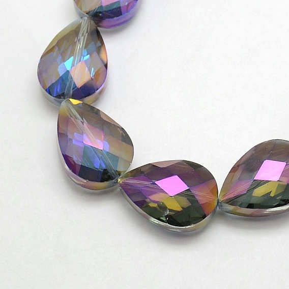 Electroplate Crystal Glass Teardrop Beads Strands, Faceted, Rainbow Color Plated, 24x17x11mm, Hole: 1mm, about 30pcs/strand, 28.3 inch