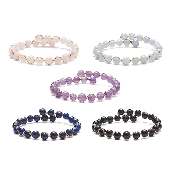 5 pcs 5 ensemble de bracelets de manchette en perles rondes avec pierres précieuses mélangées naturelles, bijoux en fil de cuivre doré pour femme