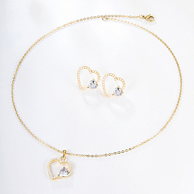 Ensemble de bijoux en forme de cœur en zircone cubique transparente, avec perle d'imitation en plastique, boucle d'oreille et collier pendentif en alliage