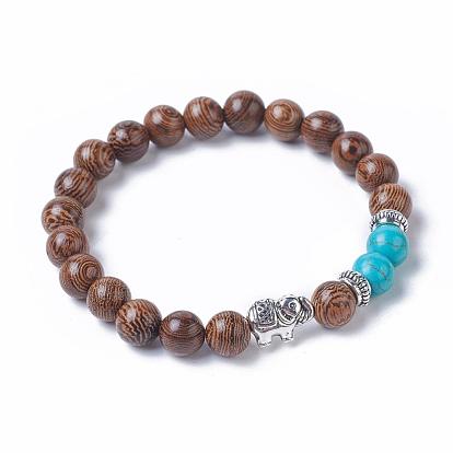 Bracelets extensibles de perles rondes en bois teint, bracelets empilables, avec des perles de pierre gemme / résine naturelles et synthétiques, perles d'éléphant et perles d'espacement en alliage plaqué argent antique de style tibétain