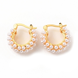 Plastic Pearl Beaded Hoop Earrings, Rack Plating Brass Jewelry for Women, Cadmium Free & Lead Free