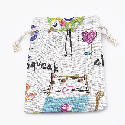 Kitten Polycotton(Polyester Cotton) Packing Pouches Drawstring Bags, with Printed Cartoon Cat and Mouse