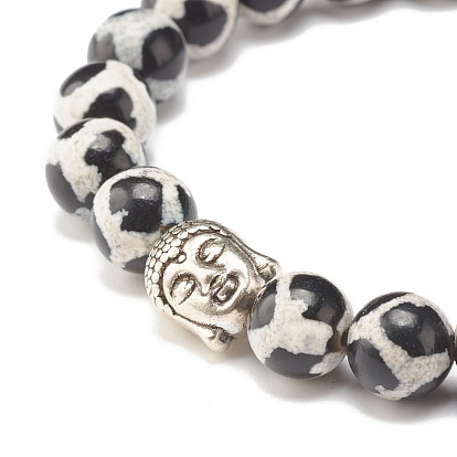 Bracelet extensible en agate dzi naturelle avec tête de bouddha, Bracelet de protection en perles de mala pour femme, argent antique