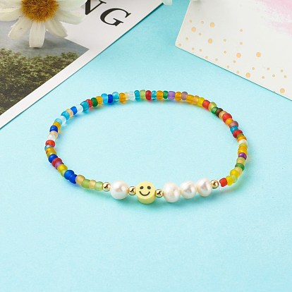 Glass Beads Stretch Bracelets, with Natural Pearl Beads & Polymer Clay Beads, Smile
