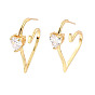 Clear Cubic Zirconia Heart Stud Earrings, Brass Half Hoop Earrings for Women, Cadmium Free & Lead Free