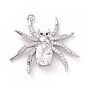 Eco-friendly Brass Micro Pave Cubic Zirconia Pendants, Cadmium Free & Lead Free, Long-Lasting Plated, Spider