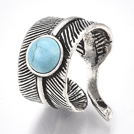 Alloy Cuff Finger Rings, with Synthetic Turquoise, Wide Band Rings, Feather