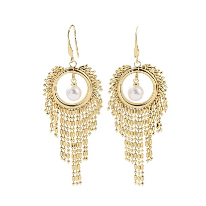 Brass Chandelier Earings, ABS Plstic Imitation Pearl Beaded Ring with Tassel Long Drop Earrings for Women