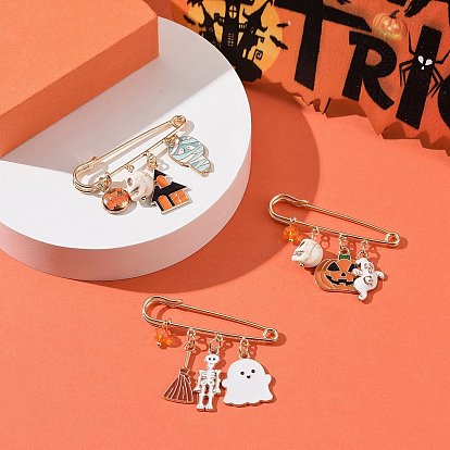 3Pcs 3 Style Halloween Skull & Ghost & Pumpkin Enamel Safety Pin Brooch, Golden Alloy Badges for Backpack Clothes