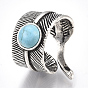Alloy Cuff Finger Rings, with Synthetic Turquoise, Wide Band Rings, Feather
