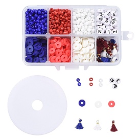 4 July American Independence Day Jewelry Making Kits, Including 3 Colors 4mm Seed Beads, 8mm Polymer Clay Heishi Beads, Letter Beads, Polycotton Tassel, Elastic Crystal Thread, for DIY Bracelets Earring