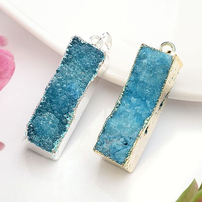 Rectangle Dyed Natural Druzy Agate Pendants, with Brass Findings, 40~42x8~12x8~17mm, Hole: 5x8mm