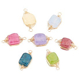 PandaHall Elite 7Pcs 7 Colors Natural Agate Links Connectors, Light Gold Tone Brass Wire Wrapped, Cube