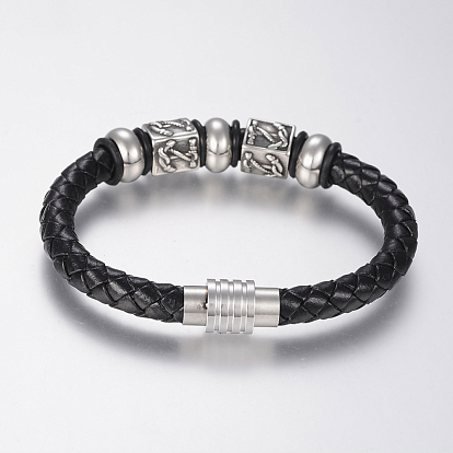 Braided Leather Cord Bracelets, with 304 Stainless Steel Findings and Magnetic Clasps
