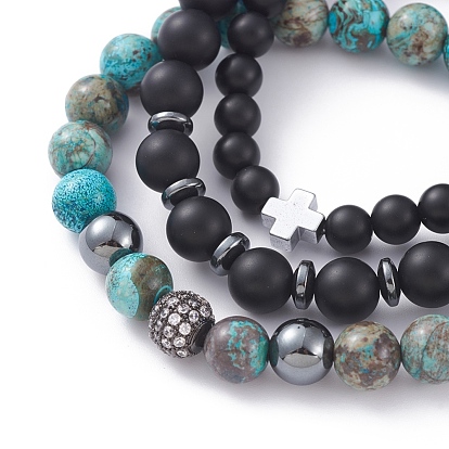 Unisex Stretch Bracelets Sets, Stackable Bracelets, with Natural Black Agate(Dyed)/Ocean Agate Beads, Non-Magnetic Synthetic Hematite Beads, Brass Cubic Zirconia Round Beads and Cardboard Packing Box, Cross & Round