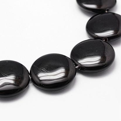 Natural Black Onyx Beads Strands, Grade A, Dyed & Heated, Flat Round