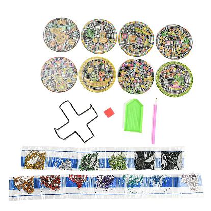 DIY Cinco de Mayo Carnival Theme Diamond Painting Wood Cup Mat Kits, Including Coster Holder, Resin Rhinestones, Diamond Sticky Pen, Tray Plate and Glue Clay