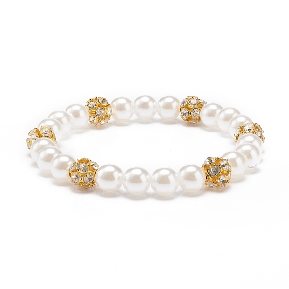 ABS Plastic Pearl & Brass Round Beaded Stretch Bracelet with Clear Rhinestone for Women