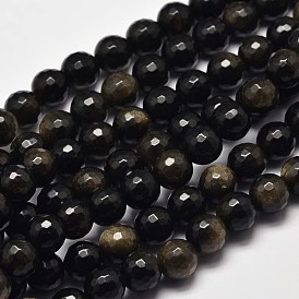 Faceted Round Natural Golden Sheen Obsidian Beads Strands