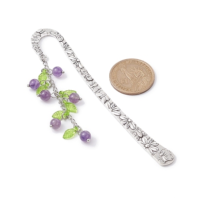 Mixed Natural Gemstone Bead Pendant Bookmarks with Acrylic Leaf, Flower Pattern Alloy Bookmark
