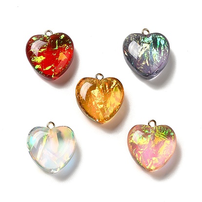 Transparent Resin Pendants, Heart Charms, with Gold Foil and Golden Tone Iron Loops