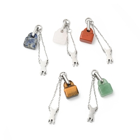 Natural Gemstone Big Pendants, Lock Charm, with Stainless Steel Color Plated 304 Stainless Steel Dog Findings