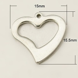 201 colgantes de acero inoxidable, corazón, 15.5x15x1 mm, agujero: 1 mm