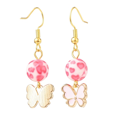 3 Pairs 3 Style Pink Alloy Enamel Charms & Resin Beads Dangle Earrings, Valentine Theme Brass Jewelry for Women, Golden