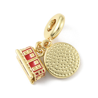 Brass Micro Pave Cubic Zirconia European Dangle Charms, Enamel Style, Large Hole Pendants, Long-Lasting Plated, Real 18K Gold Plated, Cadmium Free & Lead Free, Train & Flat Round