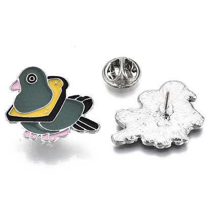 Alloy Brooches, Enamel Pin, with Brass Butterfly Clutches, Bird, Platinum