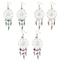Natural Mixed Gemstone Chips & Pearl Chandelier Earrings, Alloy Woven Net/Web with Feather with Brass Pins for Women